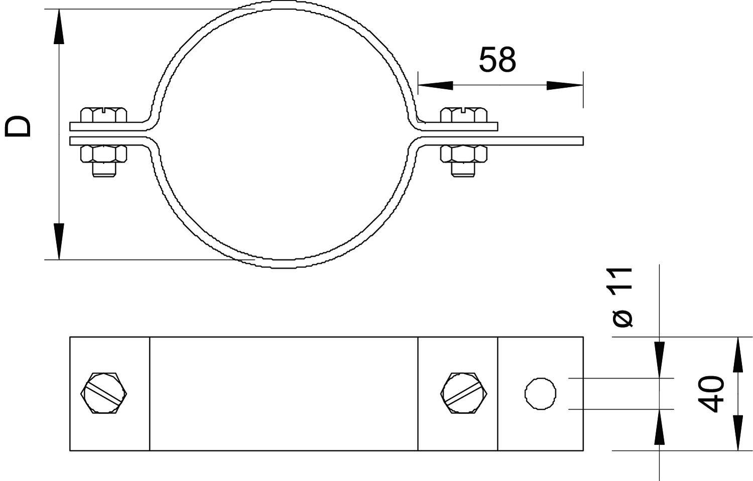 'Rysunek techniczny zacisku rurowego z wymiarami: średnica D, szerokość 58 mm, otwór 11 mm, całkowita szerokość 40 mm, mocowany śrubami.'