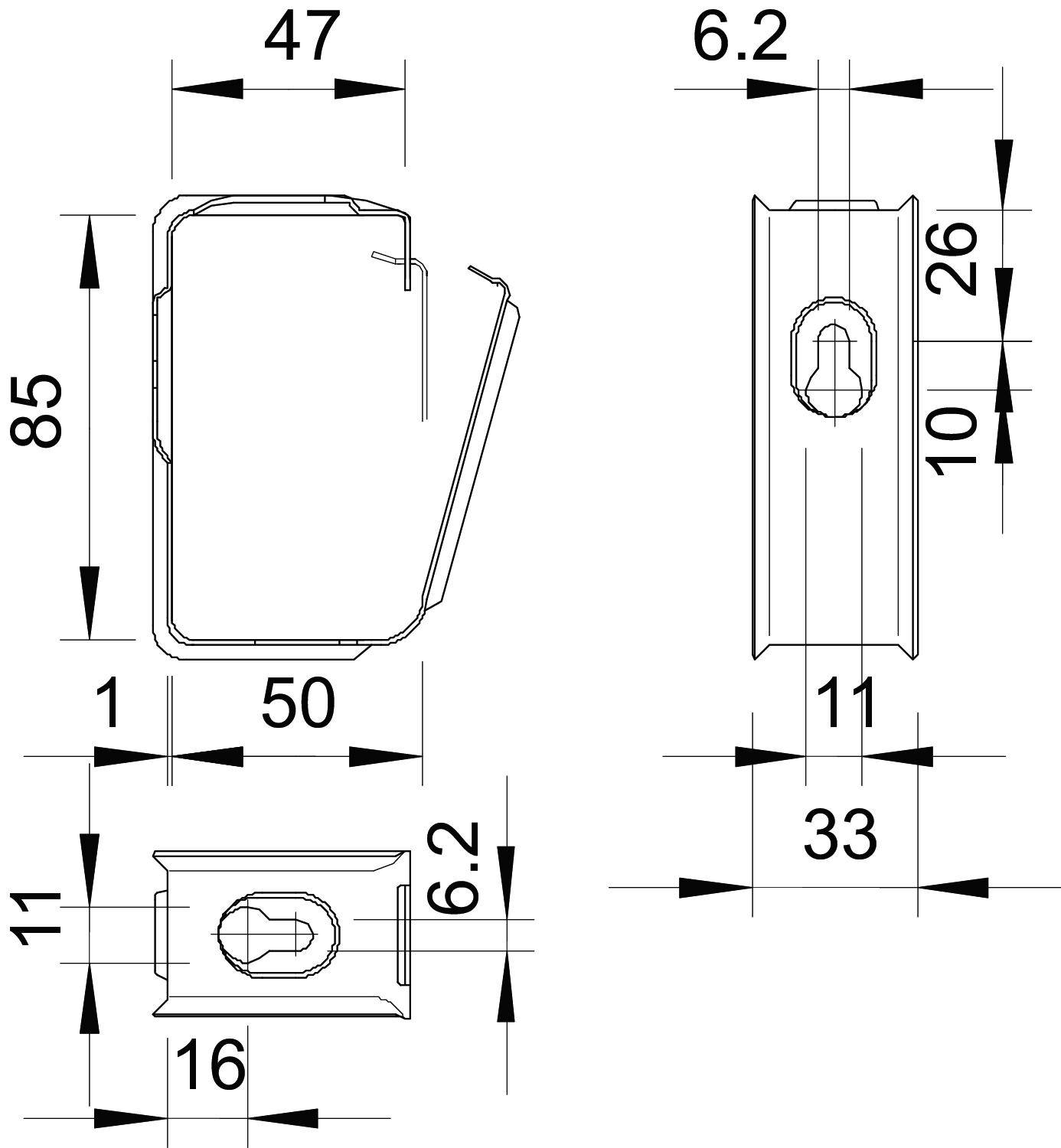 Rysunek techniczny obudowy prostokątnej ze szczegółowymi wymiarami w milimetrach. Przedstawiono widok z przodu i z boku.