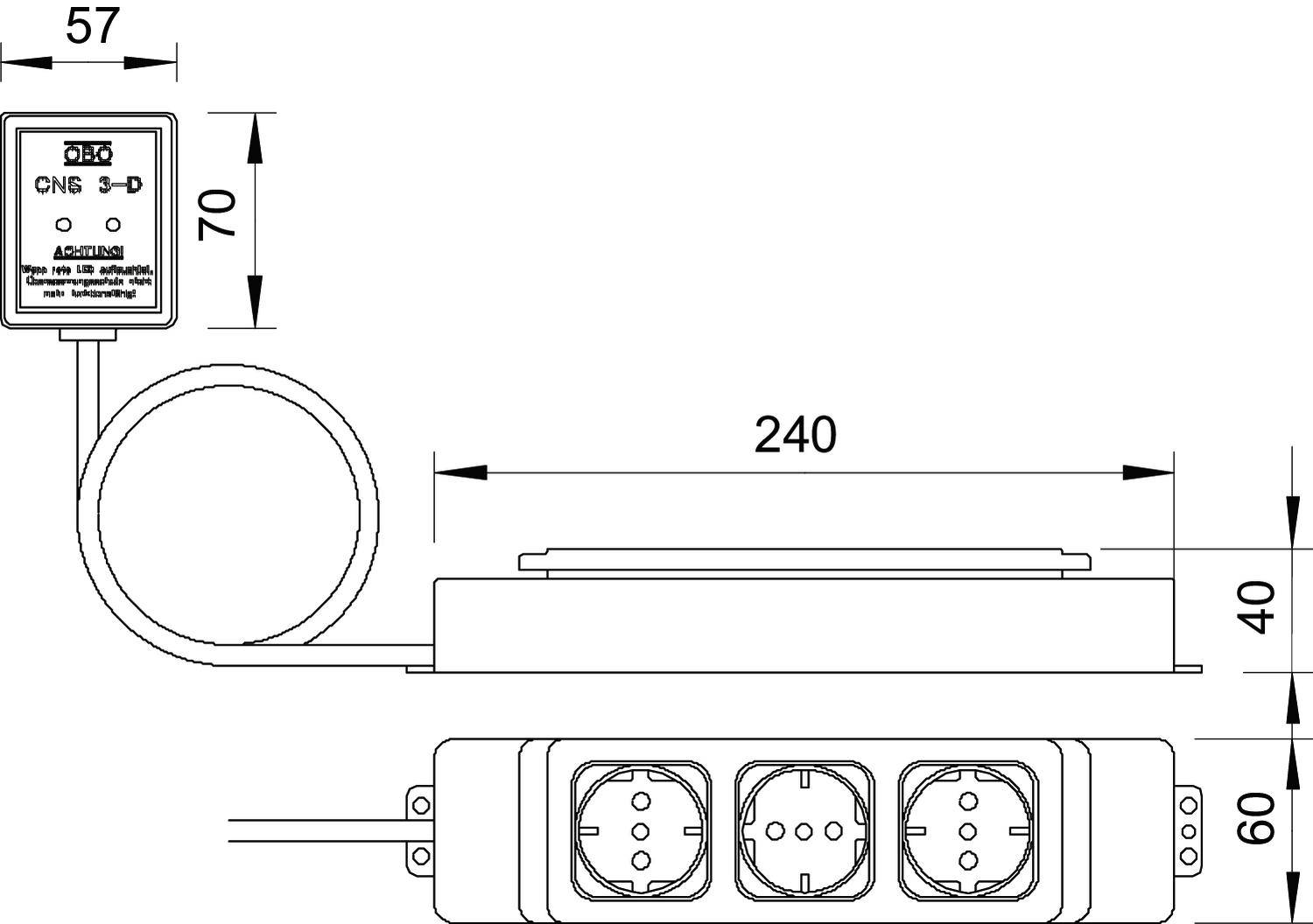 Rysunek techniczny listwy zasilającej z trzema gniazdami elektrycznymi, wymiary w milimetrach, wraz z podłączonym włącznikiem.