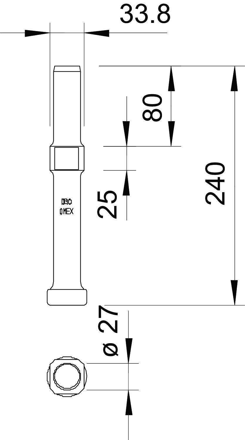 Rysunek techniczny narzędzia z wymiarami: długość całkowita 240 mm, rozstaw klucza 33,8 mm, długość trzpienia 80 mm, średnica dolna 27 mm.