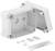Otwarty biały plastikowy rozdzielacz elektryczny z wyjmowalną pokrywą, śrubami, uchwytami i szyną montażową.
