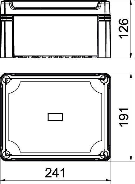 Rysunek prostokątnej obudowy technicznej o wymiarach 241 mm x 191 mm x 126 mm przedstawiony w widoku bocznym i z góry.