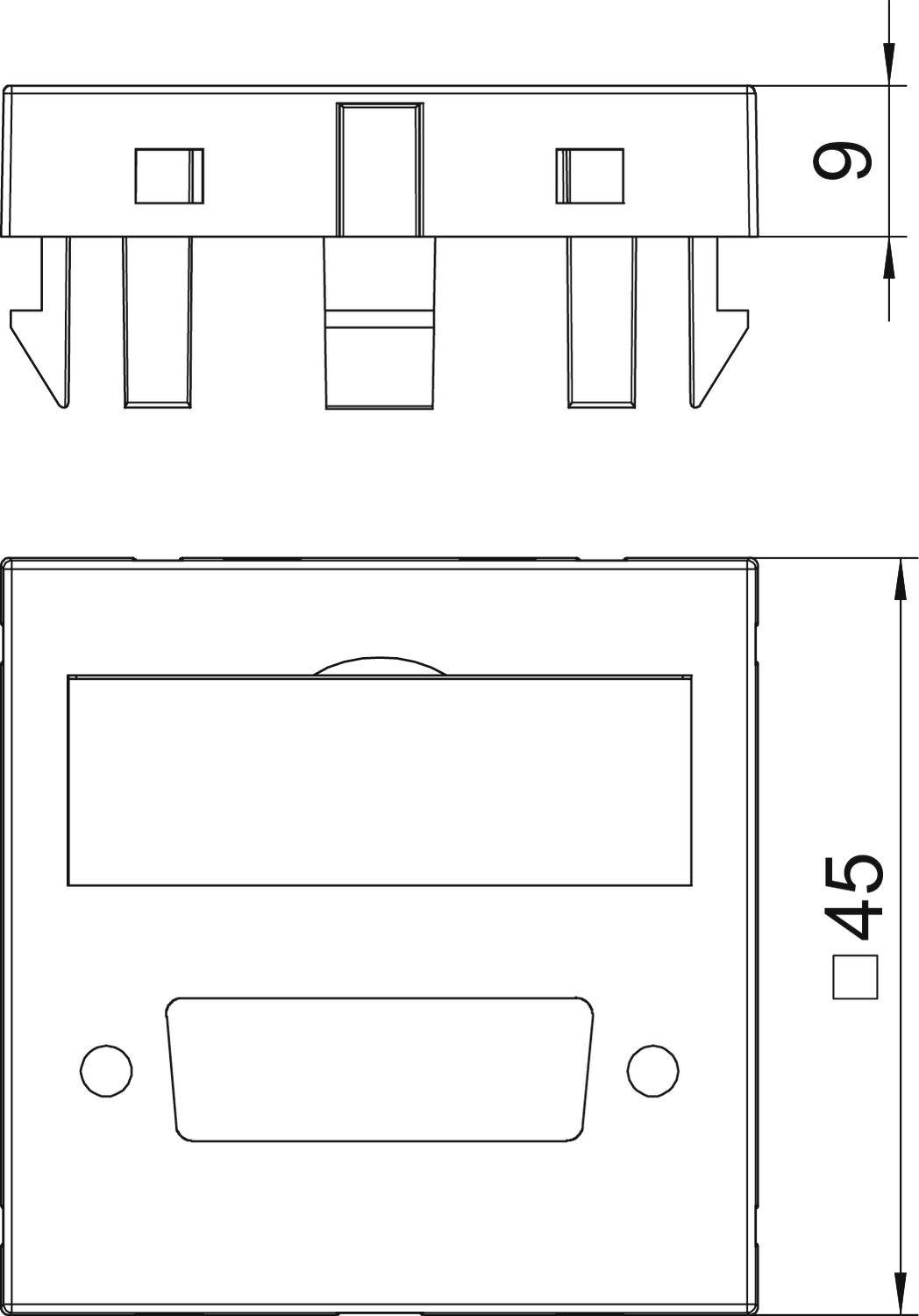 Rysunek gniazda elektrycznego kwadratowego z dwoma gniazdkami u góry o głębokości 9 mm i szerokości 45 mm.
