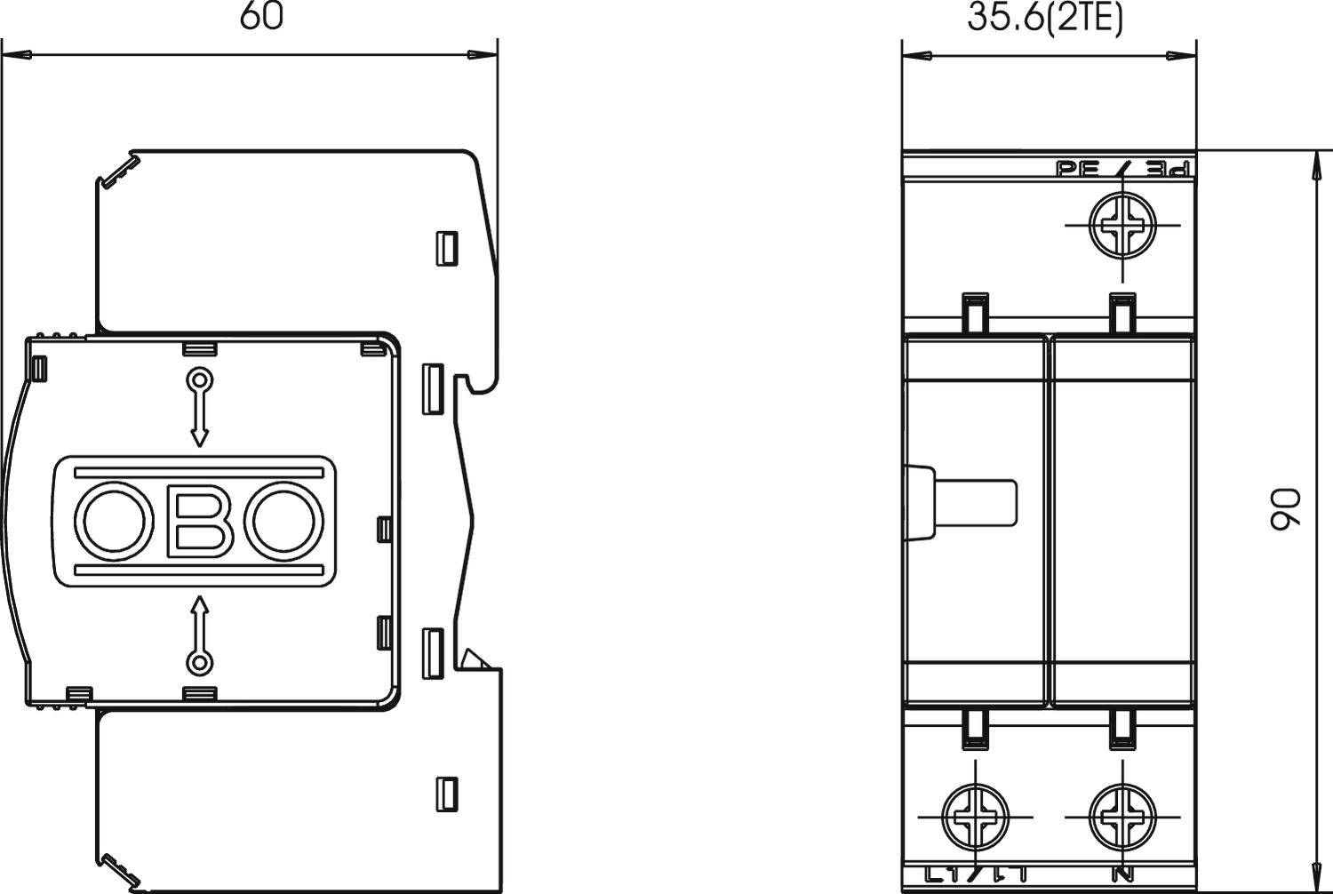 Rysunek techniczny elementu elektrycznego o wymiarach: szerokość 60 mm, głębokość 35,6 mm, wysokość 90 mm. Widoczny napis 'OBO'.