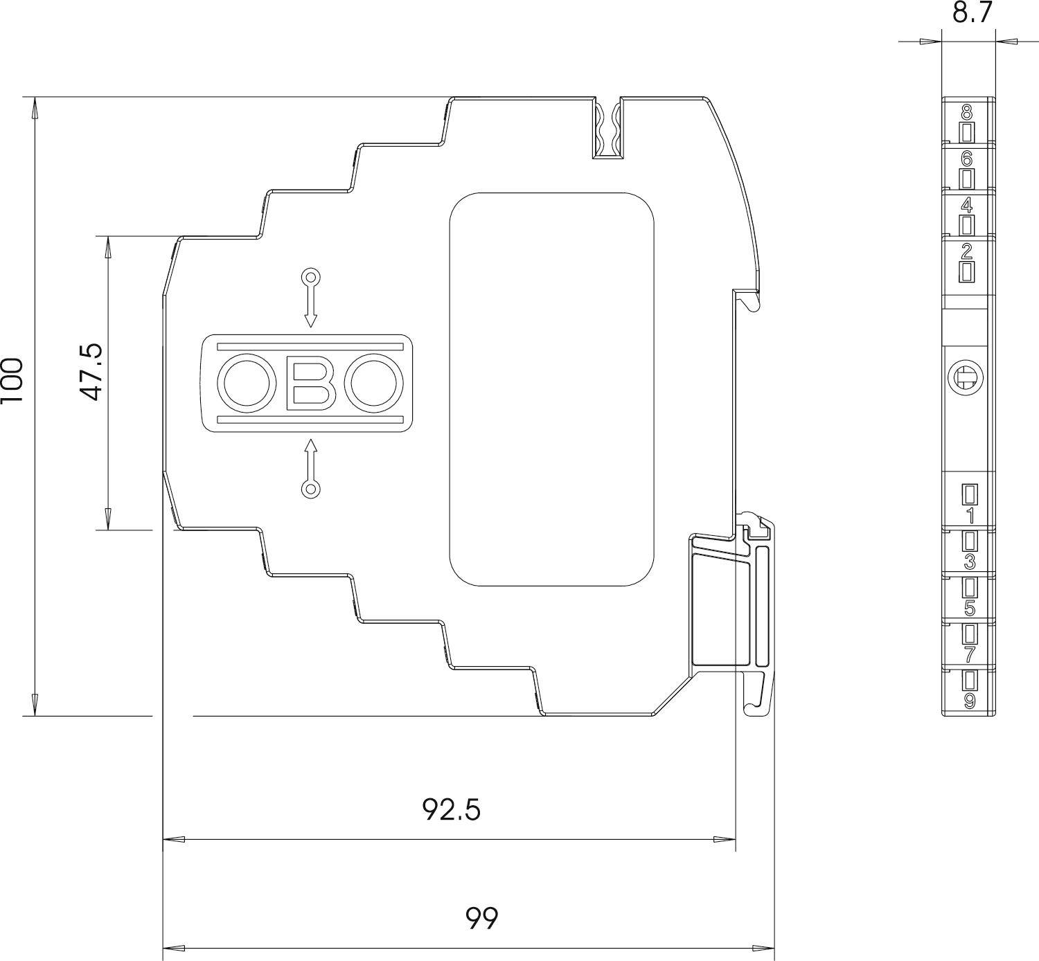 Rysunek techniczny elementu elektronicznego z wymiarami: wysokość 100 mm, szerokość 99 mm, głębokość 8,7 mm. Zawiera logo 'OBO'.