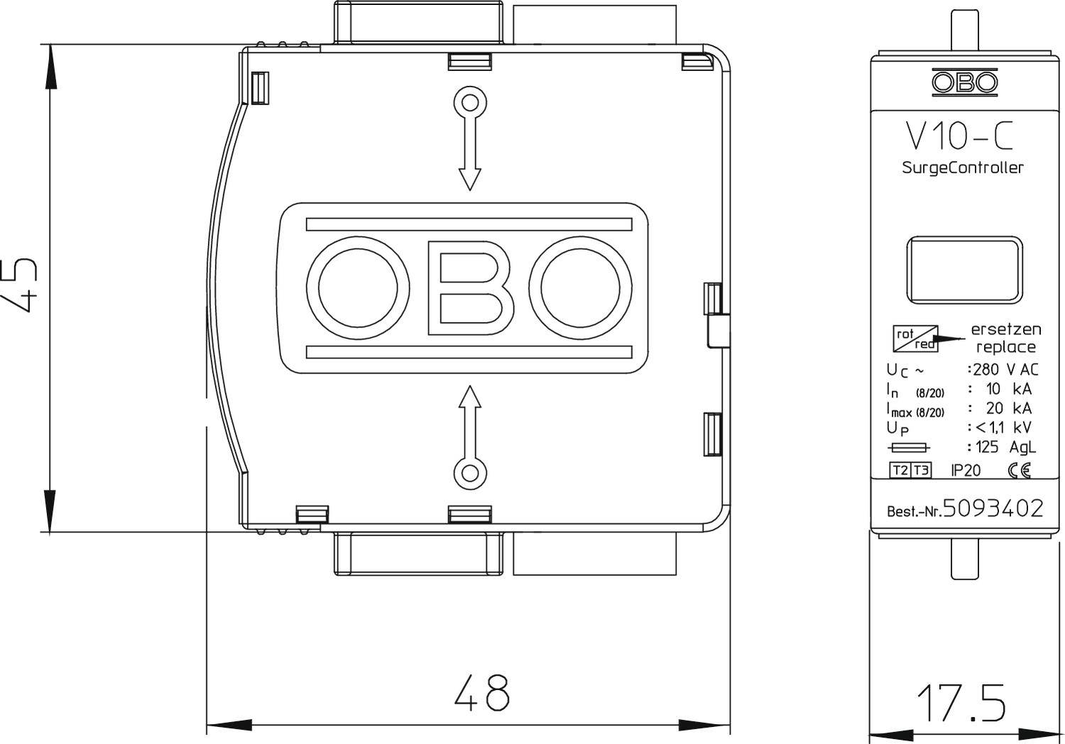 Rysunek techniczny urządzenia ochrony przeciwprzepięciowej, model V10-C. Wymiary: 45 x 48 x 17,5 mm. Stopień ochrony: IP20.