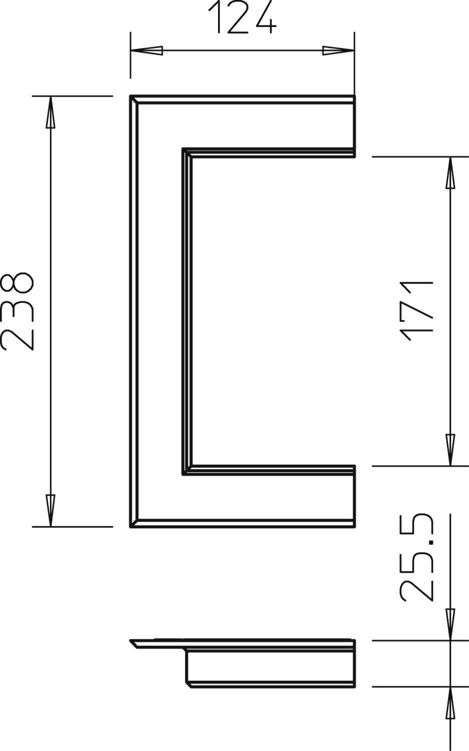 Plan techniczny metalowego mocowania o wymiarach: 238 mm wysokości, 124 mm szerokości, 171 mm wewnętrznego rozstawu, 25,5 mm głębokości przy krawędzi.