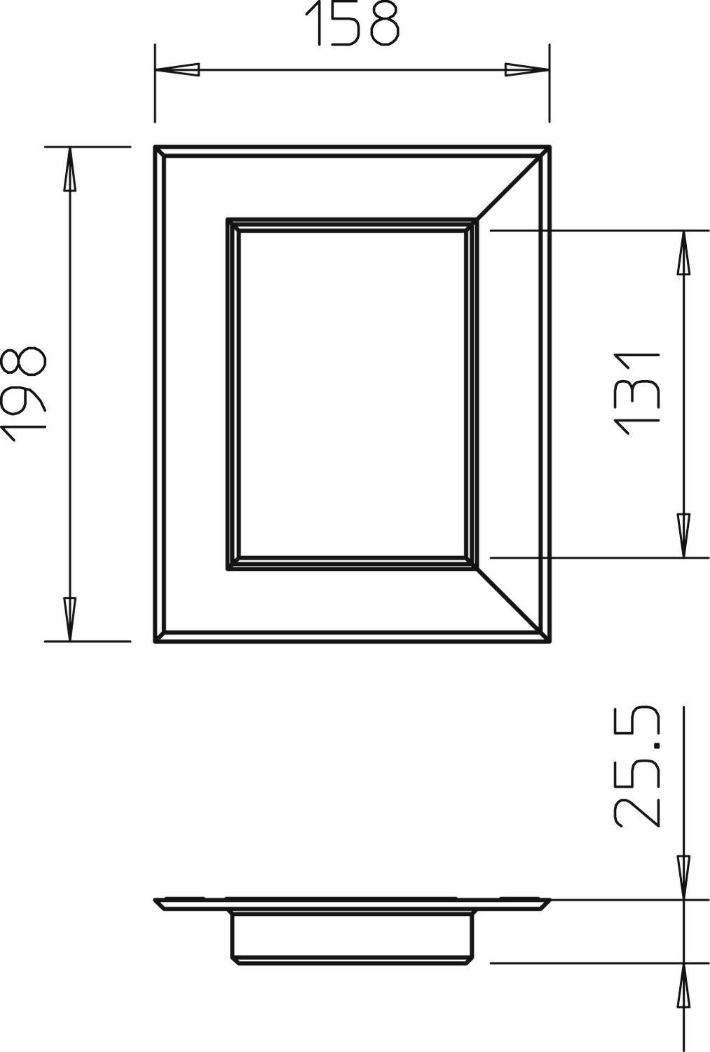 Szkic prostokątnej ramy o wymiarach: 158 mm szerokości, 198 mm wysokości, 131 mm wymiaru wewnętrznego i 25,5 mm głębokości.