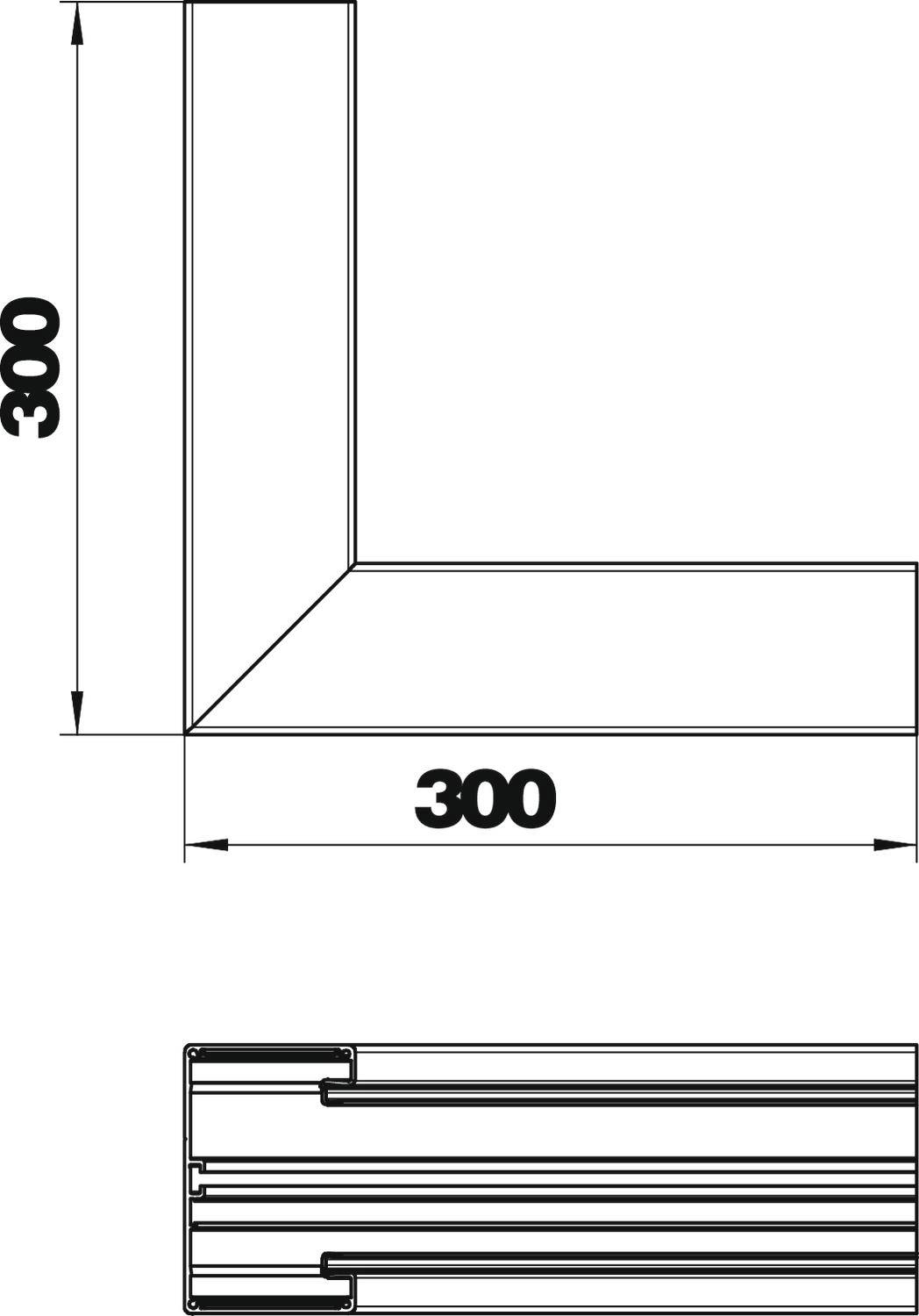 Rysunek techniczny kąta prostego o wymiarach 300x300 mm. Przedstawia również przekrój profilu.