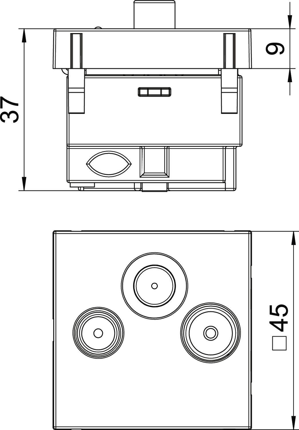 Rysunek techniczny elektrycznej kuchenki z trzema palnikami. Wymiary: 37x45x9 cm. Widok z góry przedstawia rozmieszczenie płyt grzewczych.