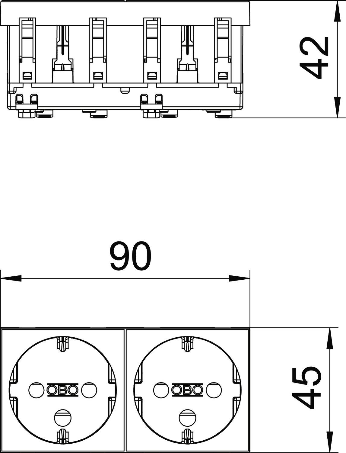 Rysunek techniczny podwójnego gniazda elektrycznego z wymiarami: 90 mm szerokości i 45 mm wysokości. Na górze widok z boku, na dole widok z przodu.