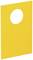 Żółta, prostokątna płyta z tworzywa sztucznego z centralnym, owalnym wycięciem oraz wstępnie wywierconymi otworami w narożnikach, prawdopodobnie przeznaczona do celów montażowych.