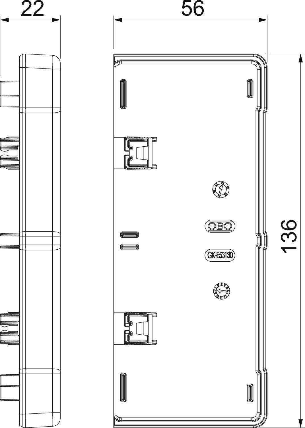 Rysunek techniczny prostokąta o wymiarach 22x56x136 mm. Przedstawia szczegółowe elementy wewnętrzne oraz komponenty obudowy.