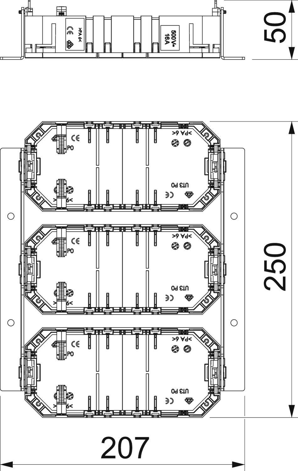 Rysunek techniczny urządzenia elektrycznego z trzema ułożonymi na sobie modułami. Wymiary: 207 mm szerokości, 250 mm wysokości, 50 mm głębokości.