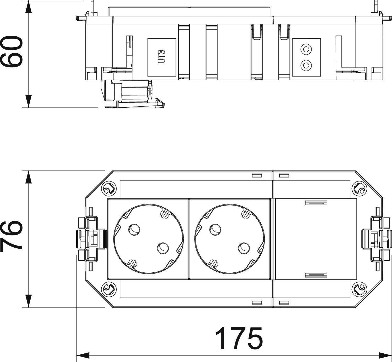 Rysunek techniczny podwójnego gniazda elektrycznego z wymiarami: 60 mm wysokości, 76 mm szerokości, 175 mm długości. Widok z góry i z boku.