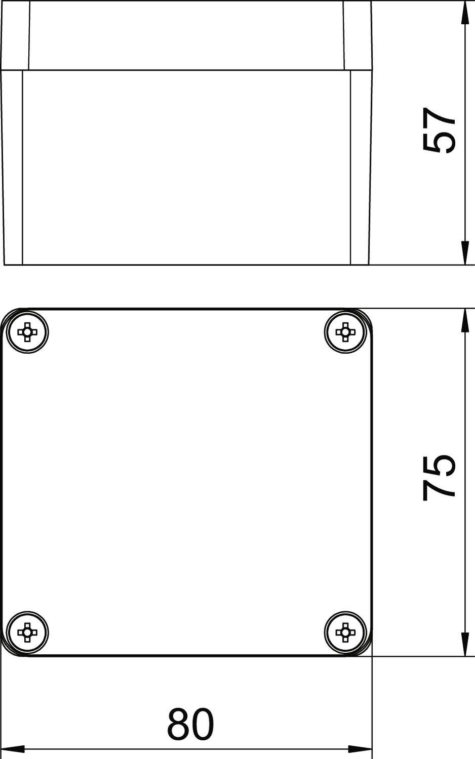 Rysunek techniczny prostokątnej skrzynki o wymiarach 80 x 75 x 57 mm. Widoczne są śruby w narożnikach.
