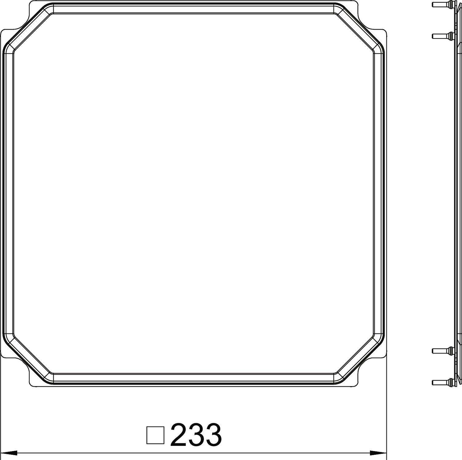 Rysunek techniczny kwadratowej ramy z zaokrąglonymi narożnikami. Długość boku wynosi 233 mm. Przedstawiono widok z góry i widok z boku.