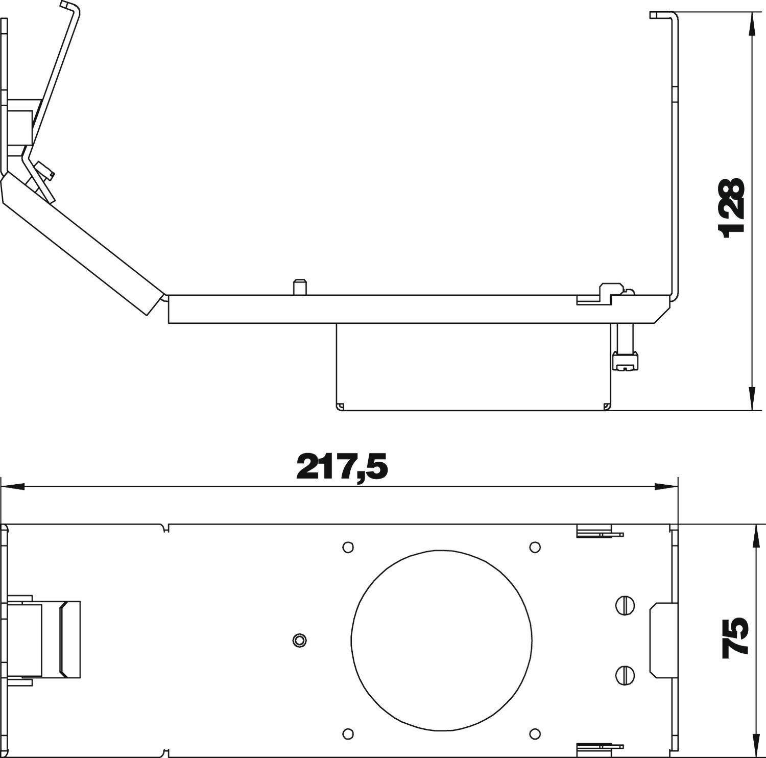 Rysunek przedstawia techniczną dokumentację elementu mechanicznego o wymiarach: 128 mm wysokości, 217,5 mm długości i 75 mm szerokości.