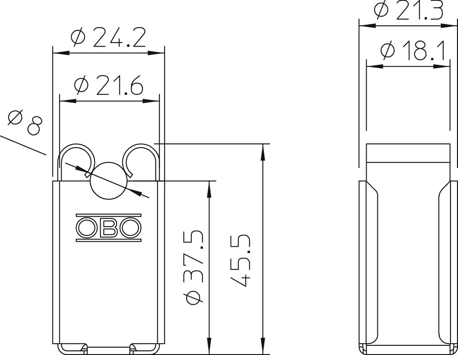 Rysunek techniczny elementu z wymiarami. Po lewej: 24,2 mm szerokości, 37,5 mm wysokości. Po prawej: 21,3 mm szerokości, 21,6 mm średnicy. Oznaczenie 'OBO'.