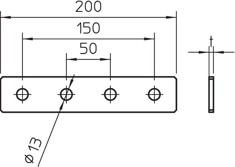 Rysunek techniczny elementu metalowego: Prostokąt z czterema otworami, rozmieszczonymi w odległości 50 mm od siebie; całkowita długość 200 mm, średnica otworów 13 mm.