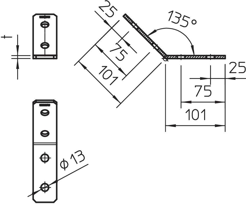 Rysunek techniczny metalowego kątownika z otworami: kąt 135°, całkowita długość 101 mm, szerokość 25 mm, średnica otworów 13 mm.