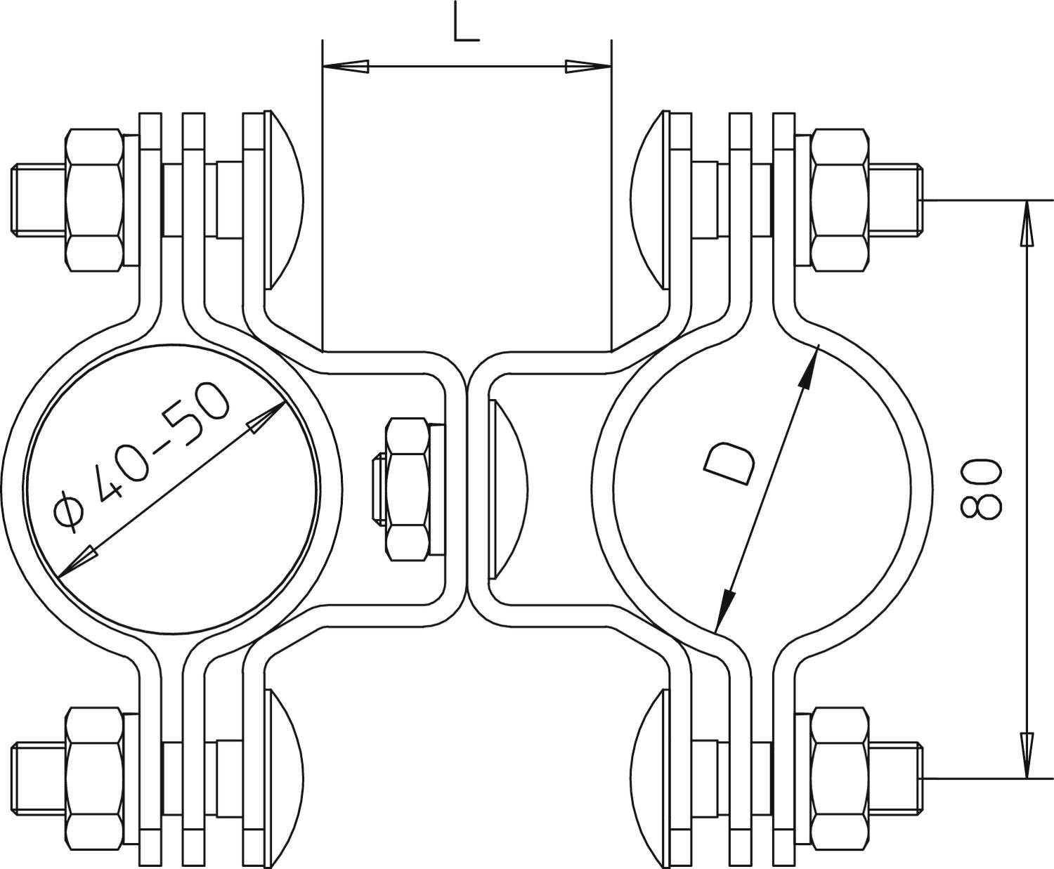 Rysunek techniczny obejmy rurowej z wymiarami: średnica rury 40-50 mm, wysokość całkowita 80 mm. Śruby zabezpieczone.