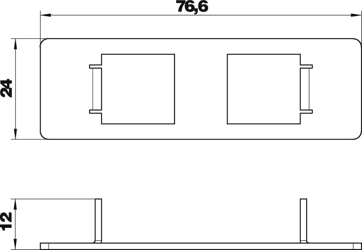 Rysunek techniczny prostokątnego elementu z dwoma kwadratowymi wycięciami. Wymiary: długość 76,6 mm, wysokość 24 mm, grubość 12 mm.