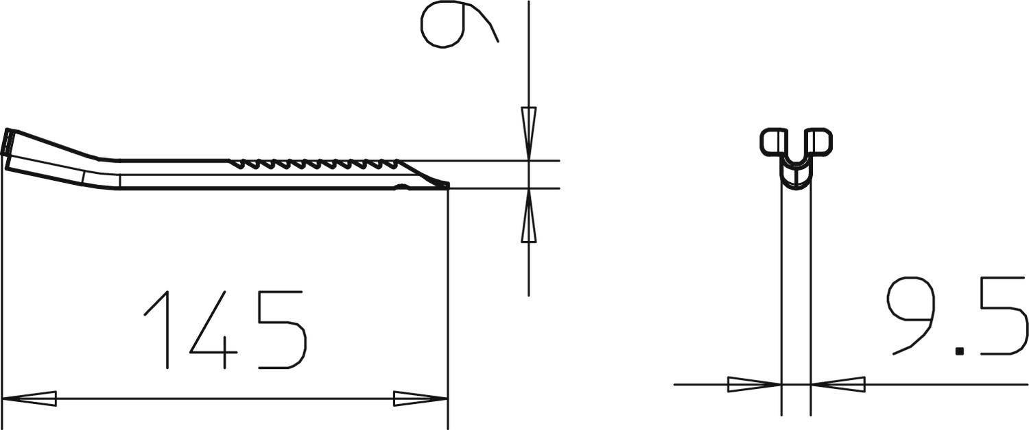 Rysunek techniczny narzędzia z wymiarami: długość 145 mm i szerokość 9,5 mm, widok z boku i z przodu.