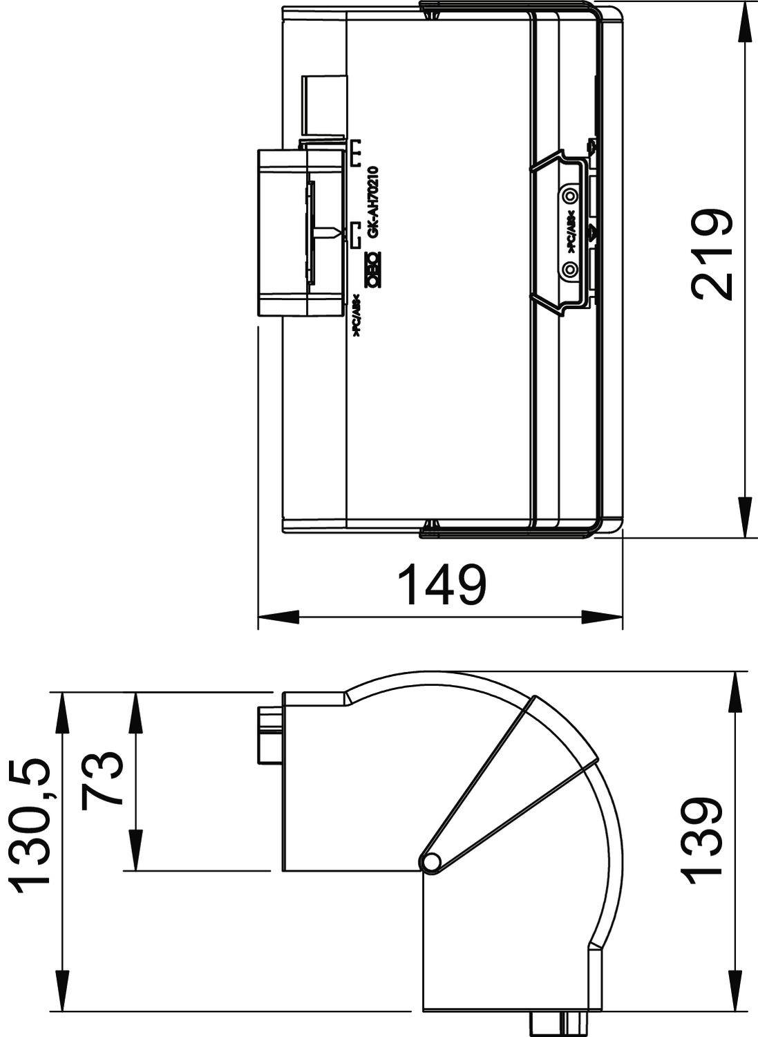 Rysunek techniczny urządzenia z widokami bocznymi i czołowymi, wymiary: wysokość 219 mm, szerokość 149 mm, głębokość 130,5 mm.