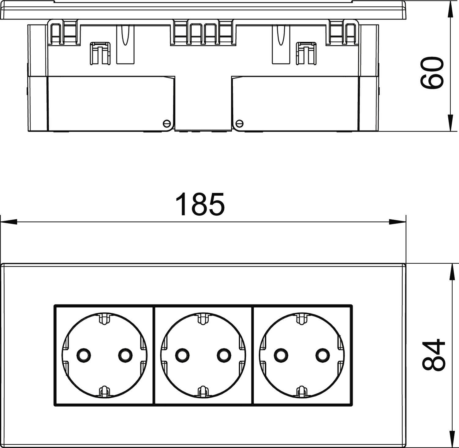Rysunek techniczny potrójnego gniazda elektrycznego. Wymiary: szerokość 185 mm, wysokość 84 mm, głębokość 60 mm. Przedstawia widok z góry i widok z przodu.