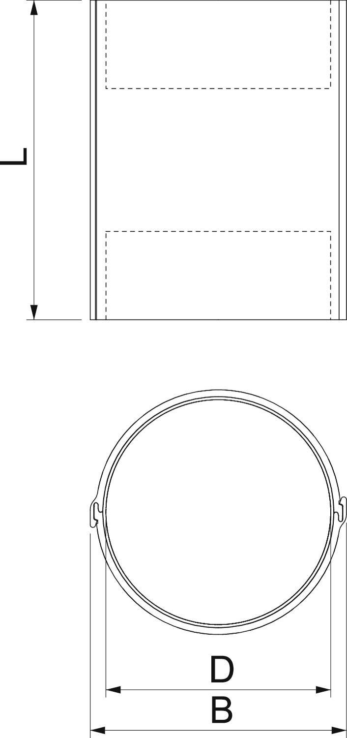 Rysunek techniczny cylindrycznego obiektu z wymiarami 'L' i 'D'. Widok z góry przedstawia przekrój kołowy.