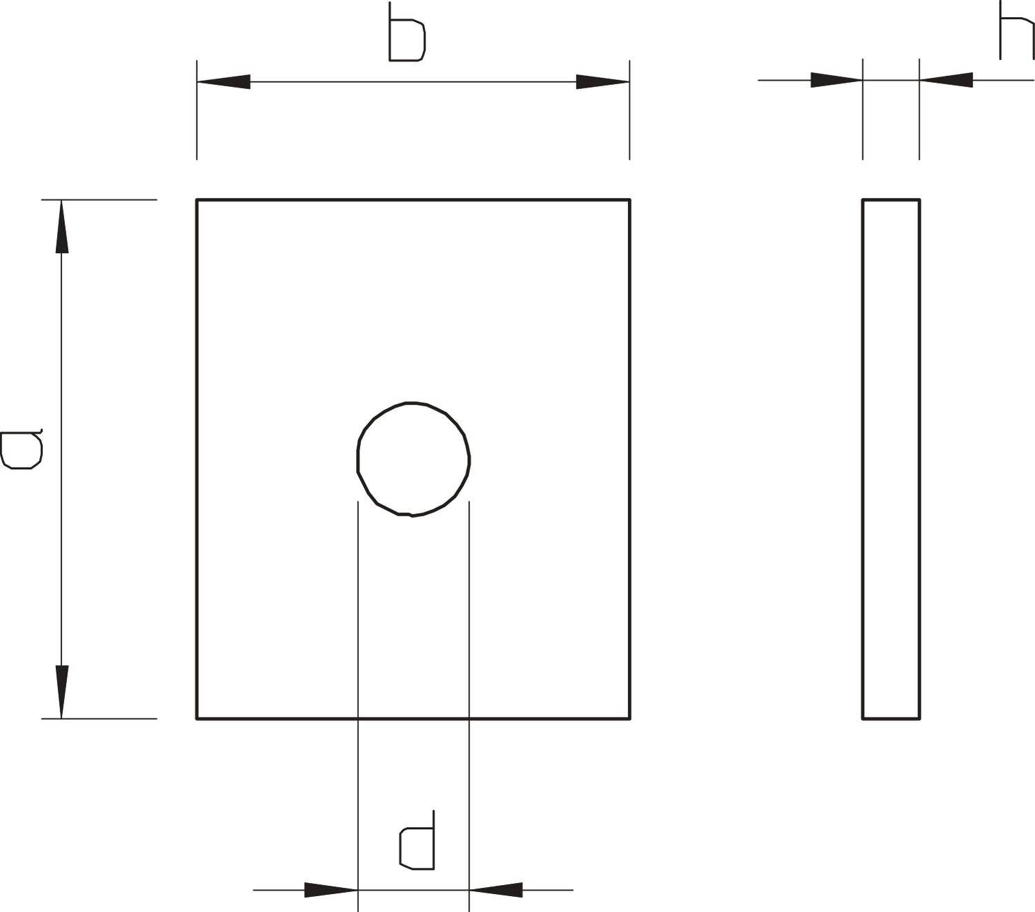 Rysunek techniczny kwadratowej metalowej płytki z otworem pośrodku. Wymiary: wysokość 'a', szerokość 'b', średnica otworu 'd', grubość 'h'.