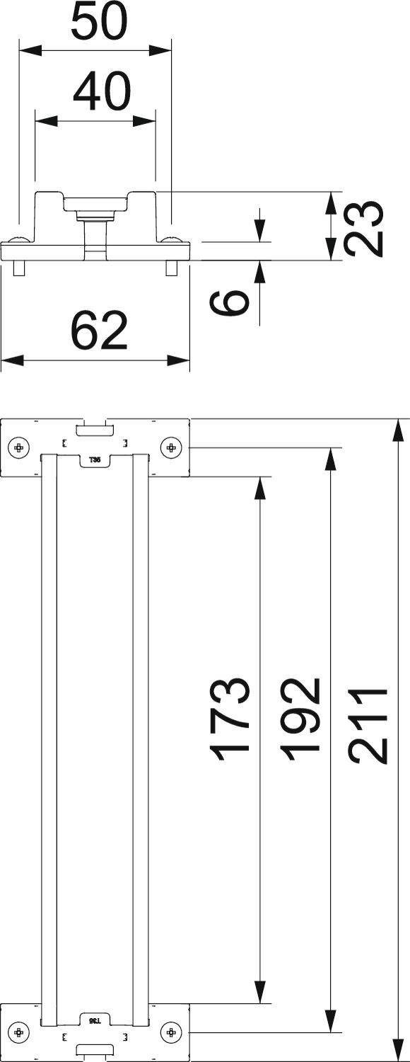 Rysunek techniczny uchwytu z wymiarami: szerokość 62, rozstaw otworów 50/40, całkowita wysokość elementu 211, wysokość podpory 23.