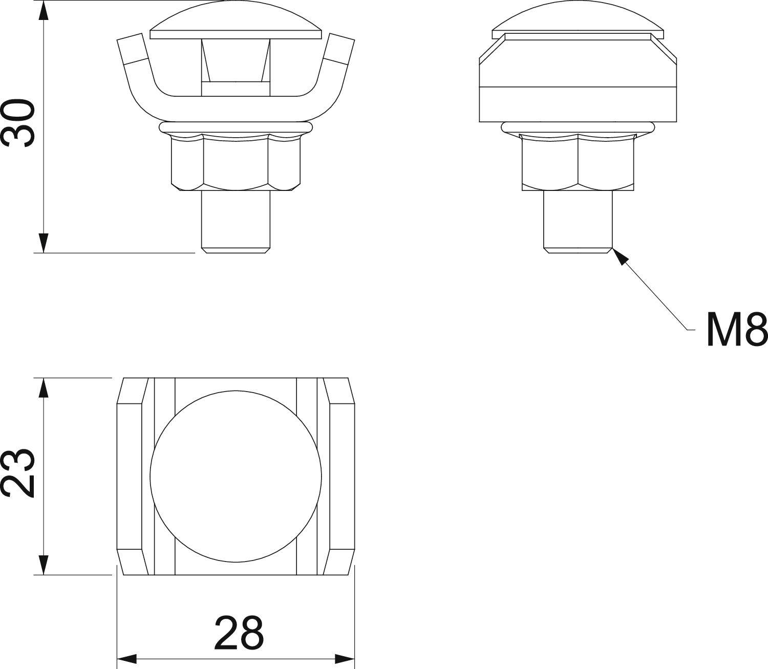 Rysunek techniczny metalowego sworznia z gwintem M8. Widoki boczne i czołowe przedstawiają wymiary: wysokość 30 mm, szerokość 28 mm.