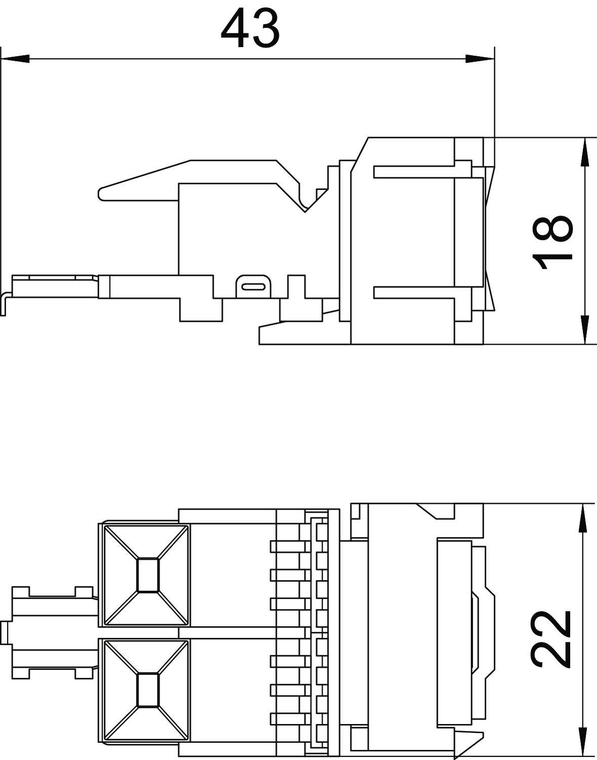 Rysunek techniczny złącza elektrycznego z wymiarami: 43 mm długości, 18 mm i 22 mm wysokości w różnych ujęciach.