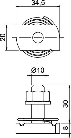 Rysunek techniczny sworznia z wymiarami: średnica 34,5 mm, wysokość 20 mm, średnica trzpienia 10 mm, wysokość całkowita 30 mm, wysokość podstawy 8 mm.