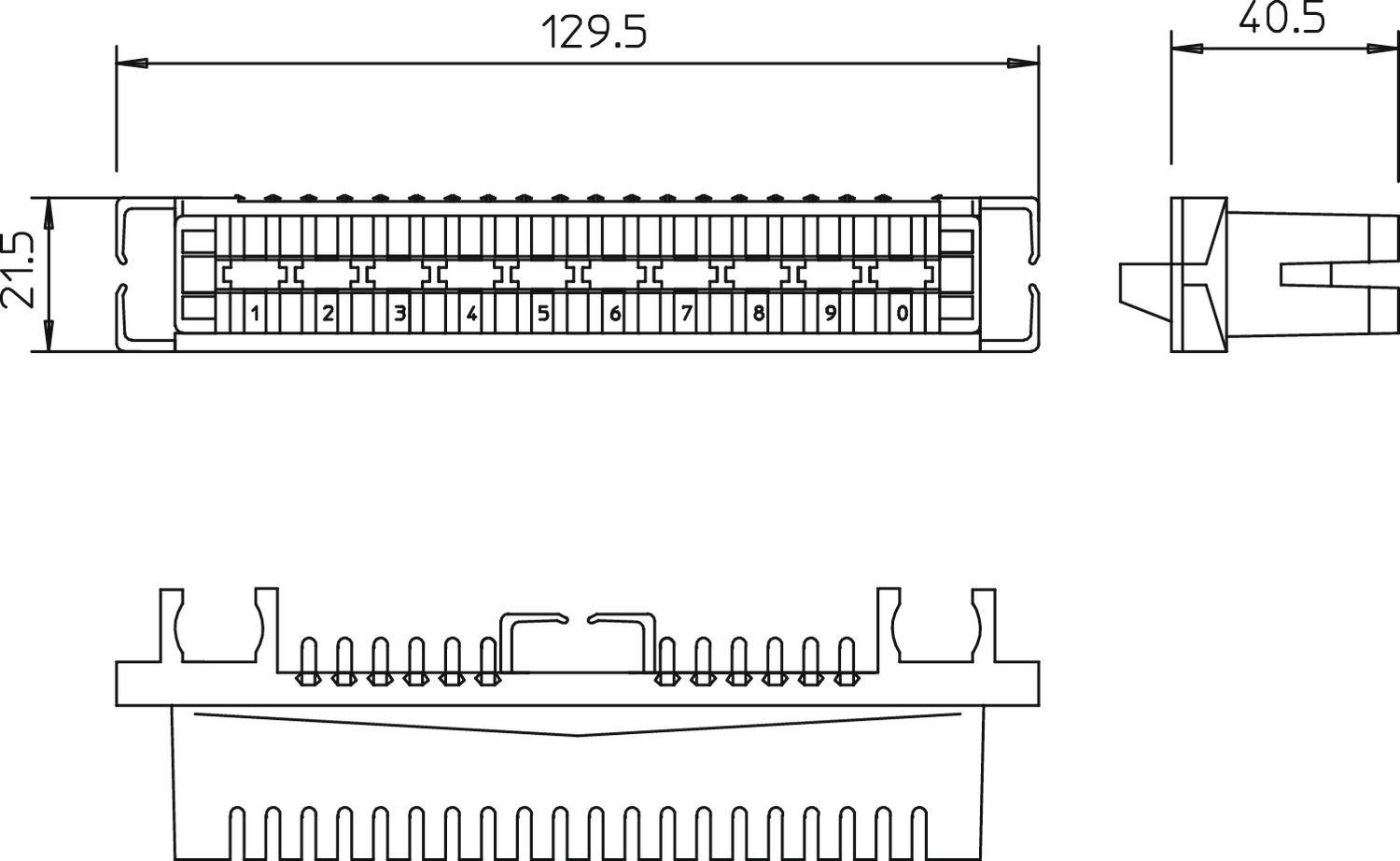Rysunek techniczny prostokątnego złącza o długości 129,5 mm i wysokości 21,5 mm, przedstawiający widok z przodu i z boku wraz z kontaktami.