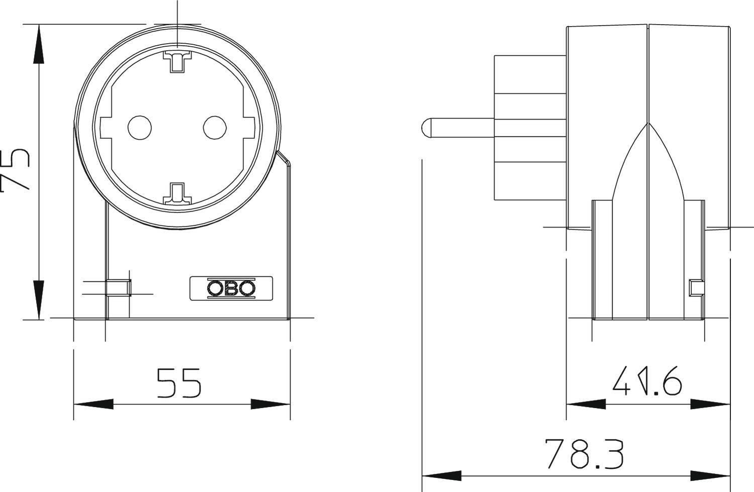 Rysunek techniczny wtyczki z wymiarami: wysokość 75 mm, szerokość 55 mm, głębokość 78,3 mm. Widok z boku przedstawia szczegółową głębokość.