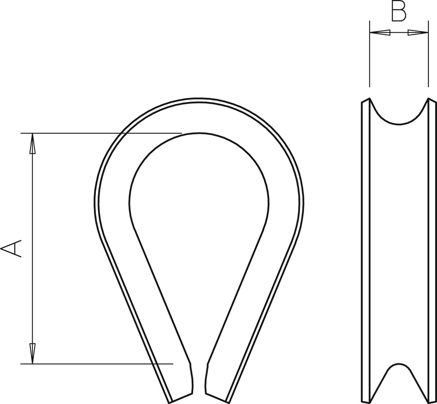 Rysunek techniczny haka linowego wykonanego z metalu z wymiarami długości 'A' i 'B' określającymi jego wielkość i kształt.