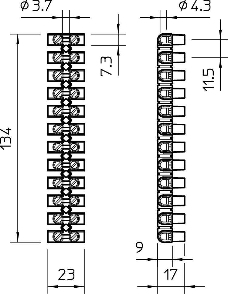 Rysunek techniczny przedstawia dwie rzędy zacisków elektrycznych z wymiarami: po lewej stronie 134 mm wysokości, 23 mm szerokości; po prawej stronie 11,5 mm wysokości, 17 mm szerokości.