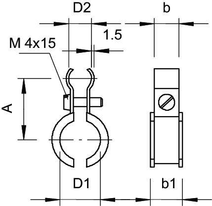 Rysunek techniczny zacisku mocującego rurę z wymiarami: D1, D2, b, b1, A oraz specyfikacją śruby M 4x15.
