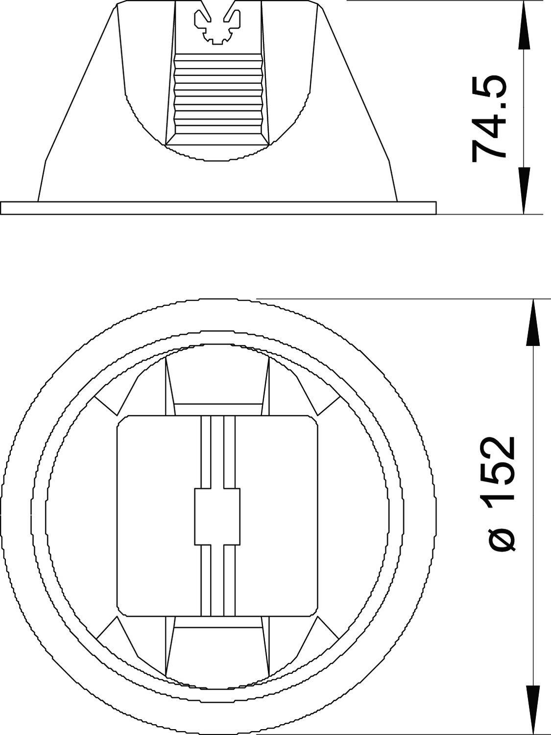 Rysunek techniczny obiektu kołowego o średnicy 152 mm i wysokości 74,5 mm, widok boczny z góry.