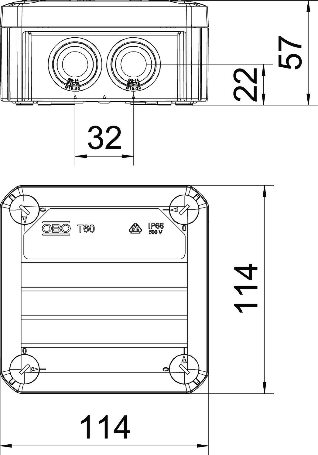 Rysunek techniczny prostokątnej puszki przyłączeniowej o wymiarach: 114x114x57 mm. Widok od góry przedstawia dwa okrągłe otwory.