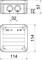 Rysunek techniczny prostokątnej puszki przyłączeniowej o wymiarach: 114x114x57 mm. Widok od góry przedstawia dwa okrągłe otwory.