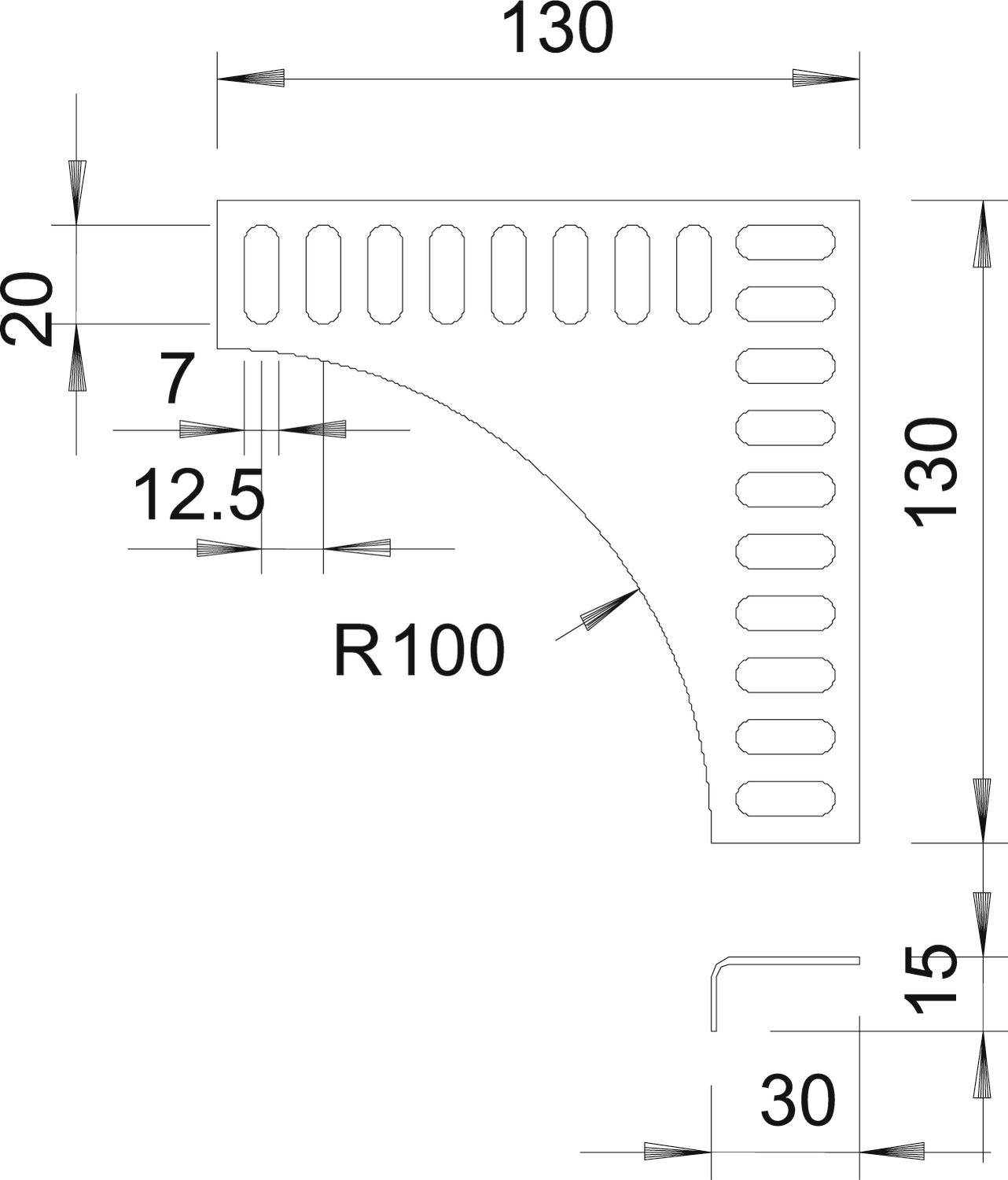 Rysunek techniczny prostokątnego profilu metalowego z wyciętym łukiem. Wymiary: 130x130 mm krawędź zewnętrzna, promień krzywizny R100, szczeliny o szerokości 7 mm.