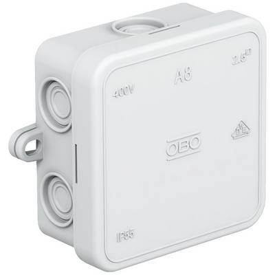 Białe plastikowe pudełko rozgałęźne z napisami '400V', 'A8', '2,5²' oraz 'IP55'. Odpowiednie do instalacji elektrycznych.
