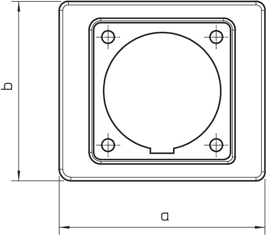 Rysunek techniczny gniazda elektrycznego, kształt kwadratowy z oznaczonymi wymiarami a i b oraz punktami mocowania śrub w narożnikach.