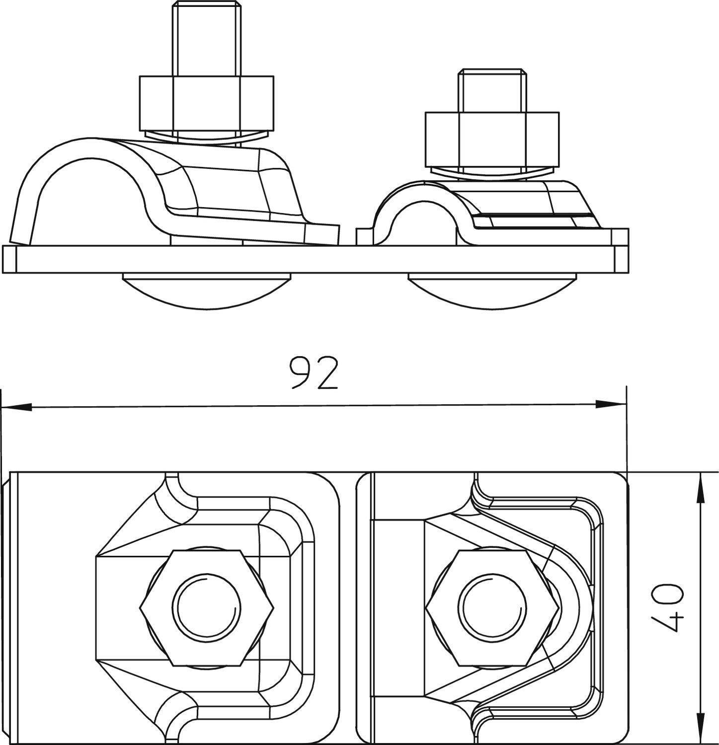 Rysunek techniczny zestawu zacisku mocującego z dwoma górnymi śrubami; wymiary: 92 mm szerokości, 40 mm wysokości.