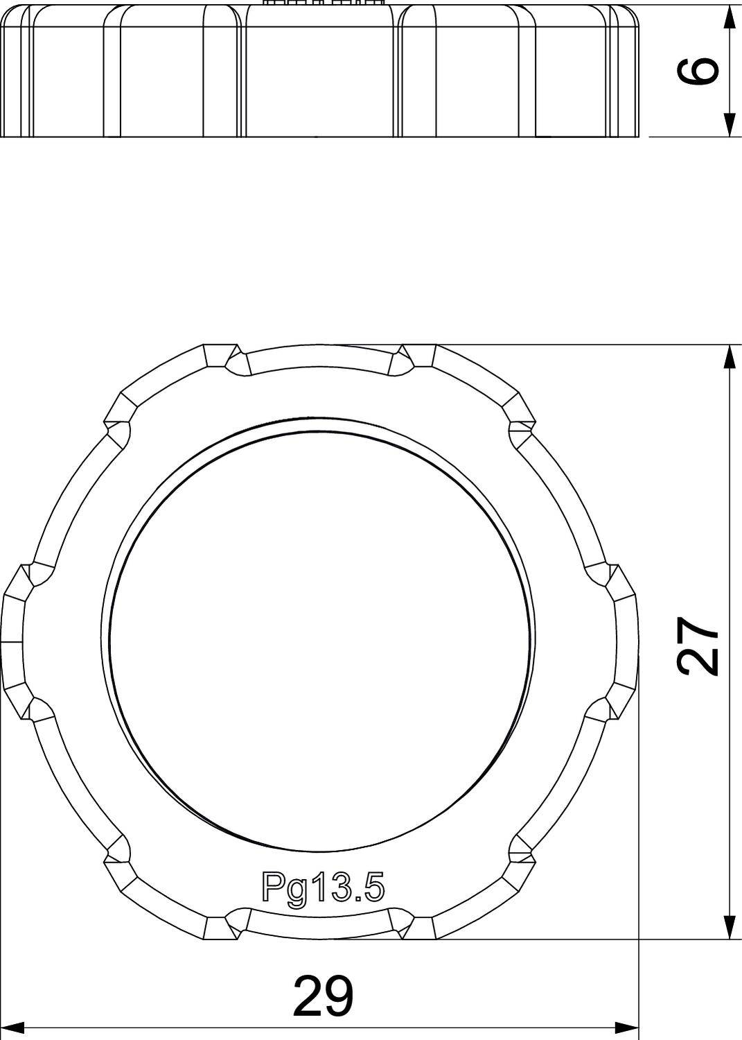 Rysunek techniczny okrągłego zamknięcia z ząbkowaną krawędzią. Widok z góry przedstawia średnicę 29 mm, widok z boku ukazuje wysokość 6 mm.
