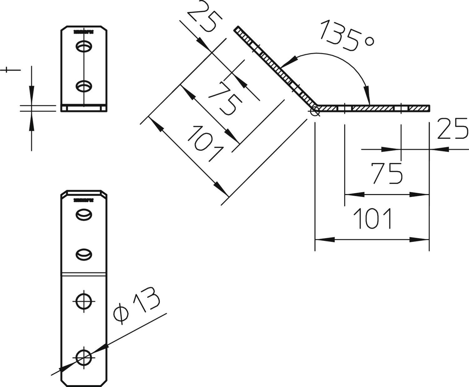 Rysunek techniczny metalowego kątownika z wymiarowaniem. Przedstawione są następujące długości: 101 mm, 75 mm, 25 mm, oraz kąt: 135°.